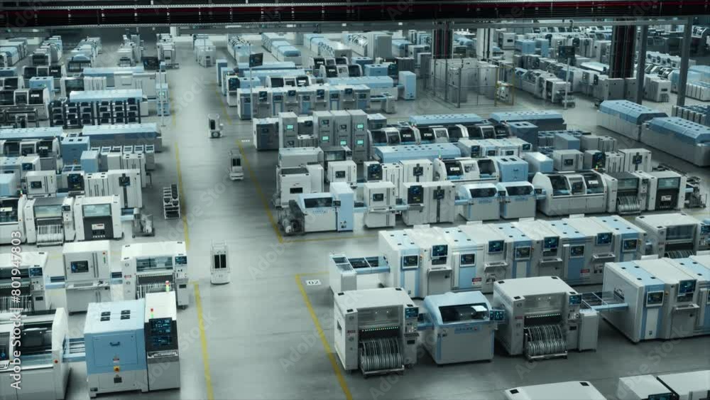 Poster Autonomous Manufacturing of Computer Components Microchips in a Modern High-Tech Factory, Advanced Automatic Robots at Work. Industry 4.0 Innovations in Electronics Production. Establishing Shot
