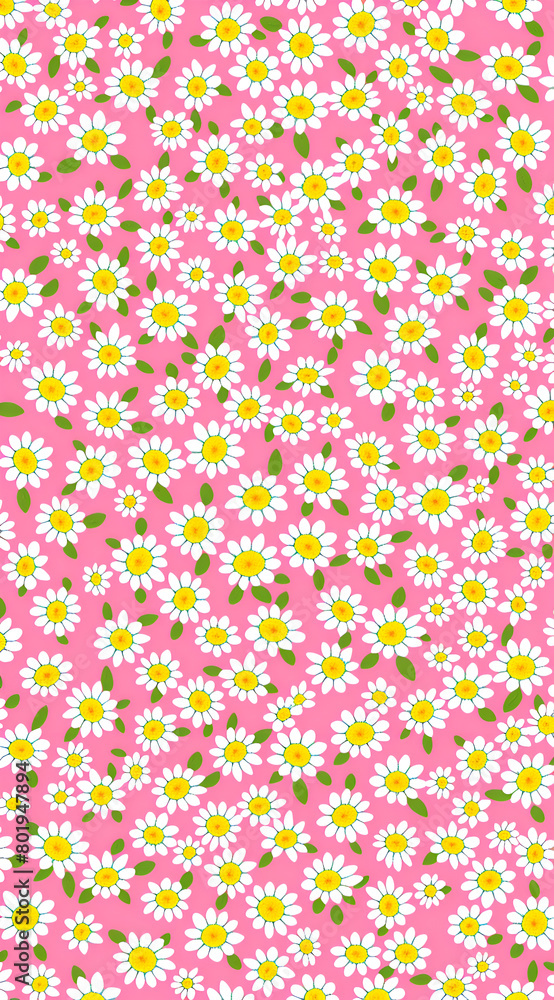 Poster a pink background with a flower pattern of white flowers. the flowers are small and are scattered th