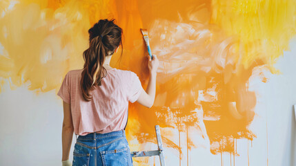 Young woman painting light wall at home