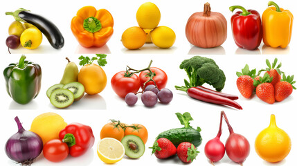 A variety of vibrant fruits and vegetables showcased on a white background. These natural foods are essential ingredients for healthy recipes and plantbased cuisine