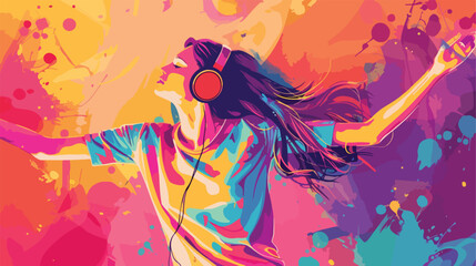 Beautiful young woman with headphones dancing against
