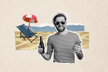 Composite photo collage of happy man wear sunglass hold beer bottle iphone device summer trip ocean...