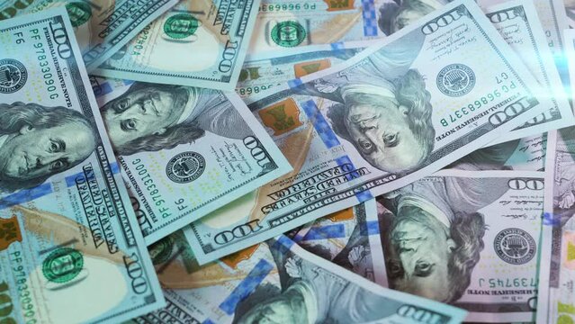 Pile of american dollars. 100 dollars bills close-up. Concept of finance and money payment. Currency exchange of banknotes. Buck cash. 