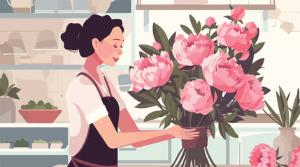 Woman making bouquet of beautiful peonies at table vector