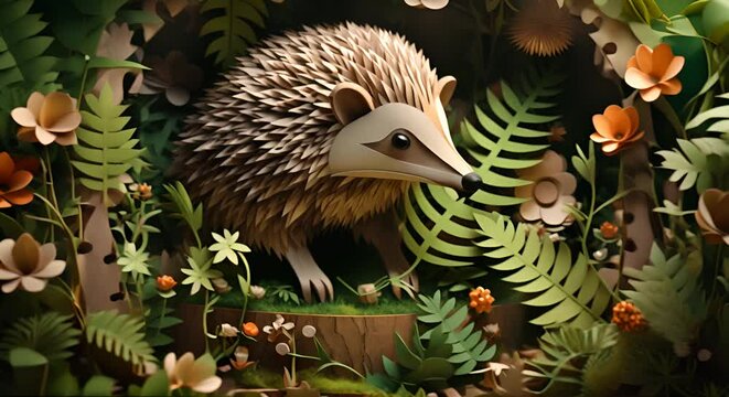Paper-cut illustration of a hedgehog in a garden, realistic textures, minimalist 3D style,