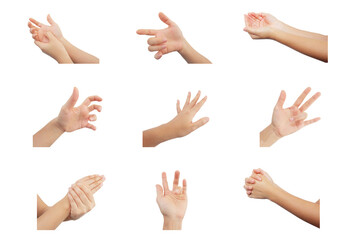 Includes a collection of hand gestures in various poses. on a white background