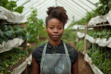 A young black female farmer standing calmly inside a vegetable greenhouse, facing the camera.

 - obrazy, fototapety, plakaty