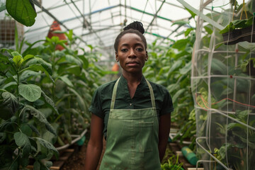 A young black female farmer standing calmly inside a vegetable greenhouse, facing the camera.

