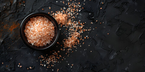 Pink Himalayan salt in a black bowl on a black background. Banner template design advertising salt, aromatherapy, healthy lifestyle with space for text