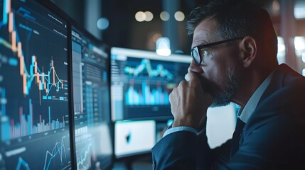 A pensive trader analyzing complex financial data on multiple screens