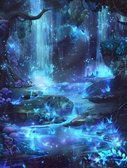 Bioluminescent Underwater Enchanted Forest Landscape with Glowing Creatures and Magical Waterfall