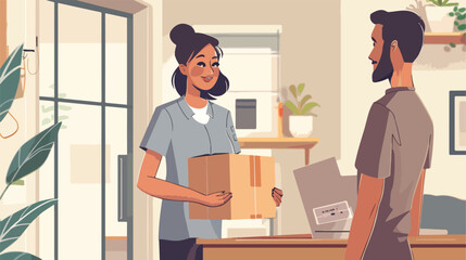 Woman receiving parcel from courier at home Vector illustration