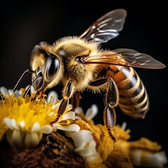 Closeup of a honeybee collecting pollen, capturing the fine details of its hairy legs and pollen sacs on a dark backdrop