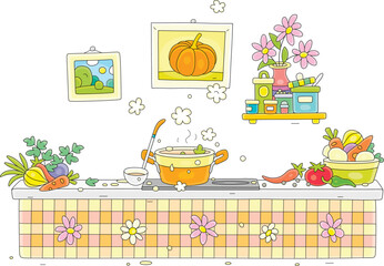 Testy soup with vegetables and spices cooking in a pan on a stove plate in a funny cozy kitchen decorated with summer flowers and pictures, vector cartoon illustration on a white background