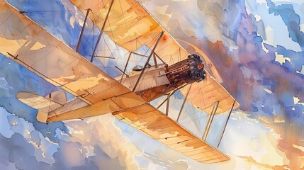 Capture the majestic Wright Flyer from a low-angle view in detailed watercolor strokes, set against a vibrant dawn sky