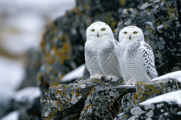 Snowy owls roam the Arctic, which appears devoid of snow.

