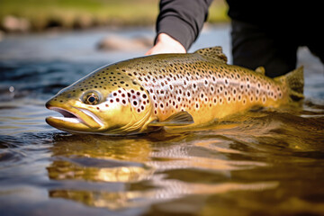Obraz premium A man proudly holds a brown fish in the water, showcasing his successful catch of the day