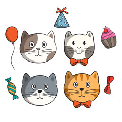 set of doodle birthday cat illustration on white background