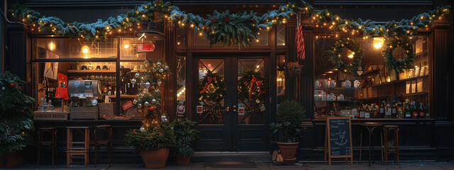 Artistic shot of a coffee shop entrance draped in garlands and Christmas wreaths, with the door open to reveal a cozy, candle-lit interior filled with holiday cheer