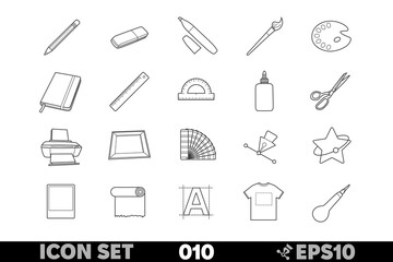 Set of linear icons representing various art and design tools, including pencil, eraser, marker, brush, palette, sketchbook, ruler, protractor, glue, scissors, printer, picture frame, color palette.