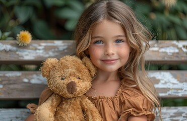 soft bear doll with a kind smile sits in the arms of a 5-year-old girl on a park bench