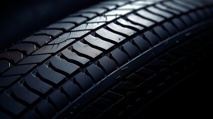 Closeup of a tire tread, capturing its pattern design and wear indicators on a dark background