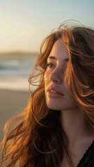 Fototapeta premium Beach Serenity, Close-Up of Wind-Swept Hair at Sunset