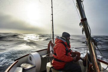 A man peacefully fishes on a boat in the vast ocean, surrounded by the tranquil waters and the endless horizon - Powered by Adobe