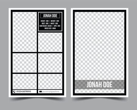 This is a modeling comp card. Its size is 5.5/8.5. It is a modern, sleek, and elegant design