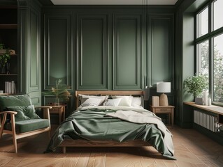 Elegant Bedroom with Dark Green Walls, Large Bed, and Wooden Accents