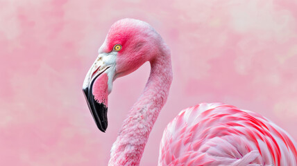 Obraz premium Pastel Flamingo Portrait, Close-Up Profile Shot with Soft Lighting