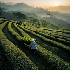 Fototapeta premium A vast field of green tea with tea leaf picker at dawn