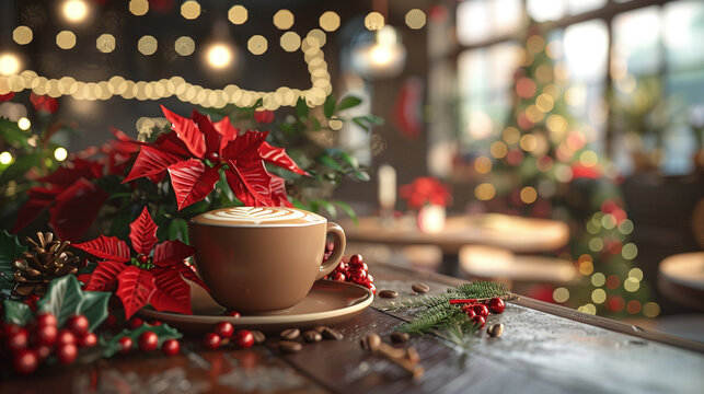 Detailed visualization of a coffee shop table set with a Christmas themed latte art, surrounded by small poinsettias and miniature Christmas trees