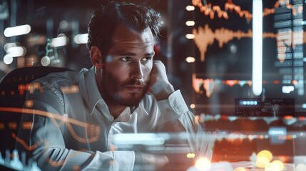 Contemplative man amidst a digital data overlay