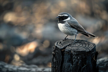 A bird perched on a charred tree stump in a forest that has been burned, searching for food.

 - obrazy, fototapety, plakaty