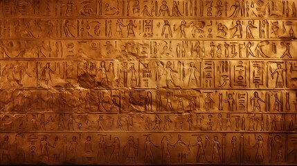 Obraz premium Old stone wall with Egyptian hieroglyphs, Ancient hieroglyphic writing with gold.