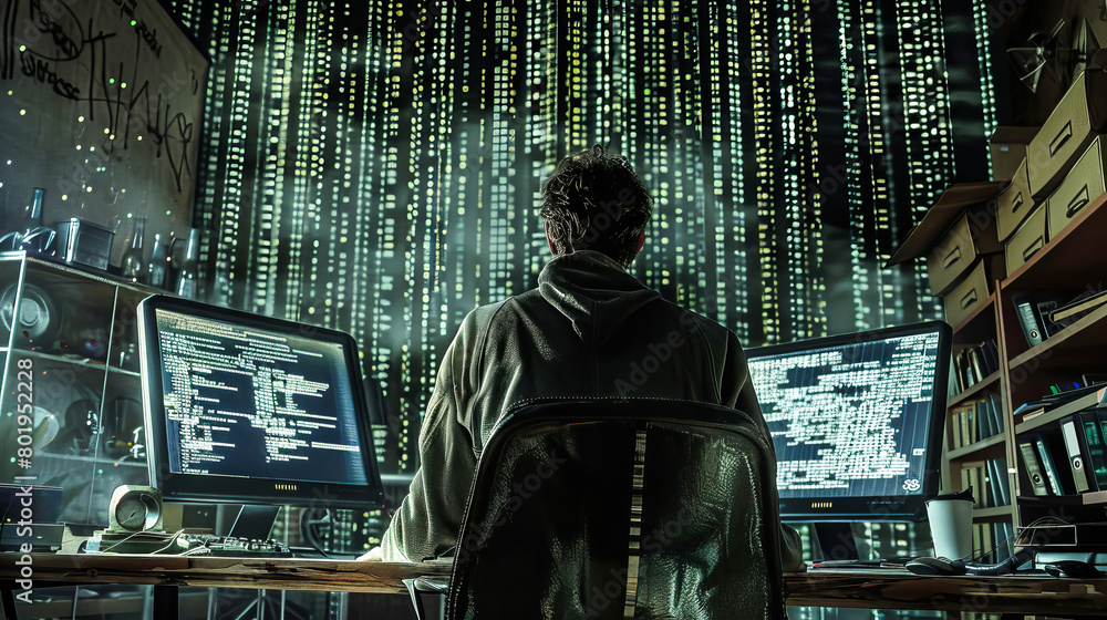 Poster a man sits intently in front of two computer monitors, surrounded by a digital glow as he works on h