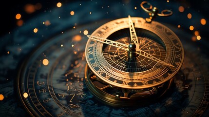 A closeup of a vintage astrolabe against a starry night sky background symbolizing exploration and the history of astronomy
