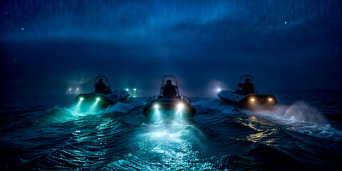 Two boats in the water at night with lights on their side of the boats. Generative AI