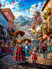 Painting of mexican day of the dead scene with skeleton and child. Generative AI