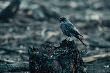 A bird perched on a charred tree stump in a forest that has been burned, searching for food.

 - obrazy, fototapety, plakaty