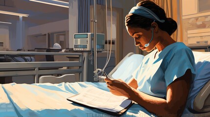 A nurse in a bustling hospital ward checking patient charts and administering care symbolizing compassion and critical roles in healthcare - obrazy, fototapety, plakaty