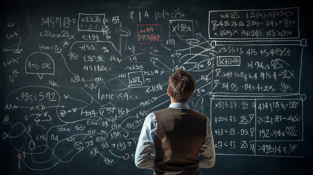 A mathematics professor solving complex equations on a large blackboard surrounded by intrigued university students in a lecture hall emphasizing education and problemsolving