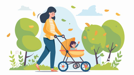 Woman with her cute baby and stroller outdoors Vector