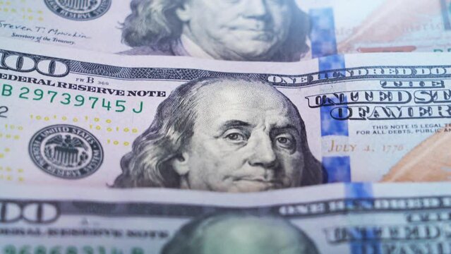 Pile of american dollars. 100 dollars bills close-up. Concept of finance and money payment. Currency exchange of banknotes. Buck cash. 