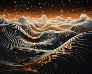 Detailed image of the impact of sound on liquid surfaces, depicted artistically as ripples and patterns against a dark backdrop