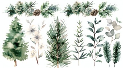Watercolor botanical floral and evergreen foliage set with pine trees and flowers in neutral color