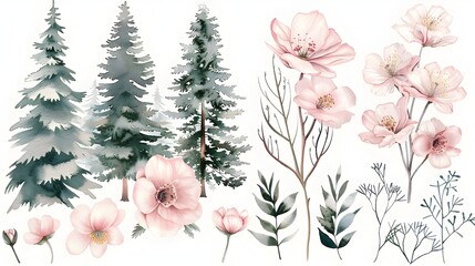 Delicate Watercolor Florals and Evergreen Trees in Neutral Palette