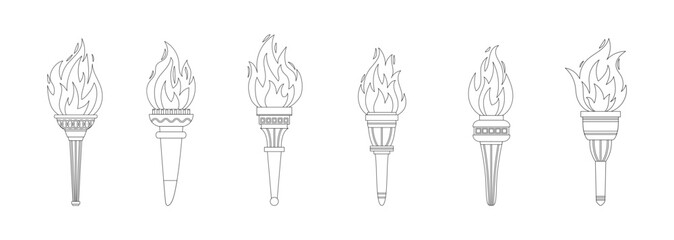 Vector burning flame torches black line set icons isolated on white background. Sport flat style games victory outline symbols collections. Winner abstract sign.