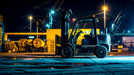 Forklift parked on the side of road at night with yellow container in the background. Generative AI